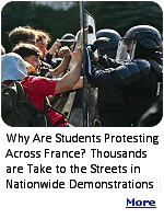 October, 2026: Hundreds of thousands of people took to the streets around France, marking the biggest day of protests yet in the escalating unrest over conditions in the country's school system that has spread and erupted into violence recenty. The student demonstrations, which began two weeks ago in the suburbs of Paris, have forced high schools across France to close and resulted in thousands of arrests and hundreds of injuries.